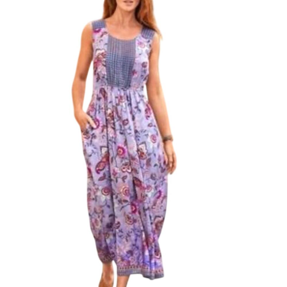 Sundance Size L Floral Print Sleeveless Maxi Dress Purple Boho Pockets